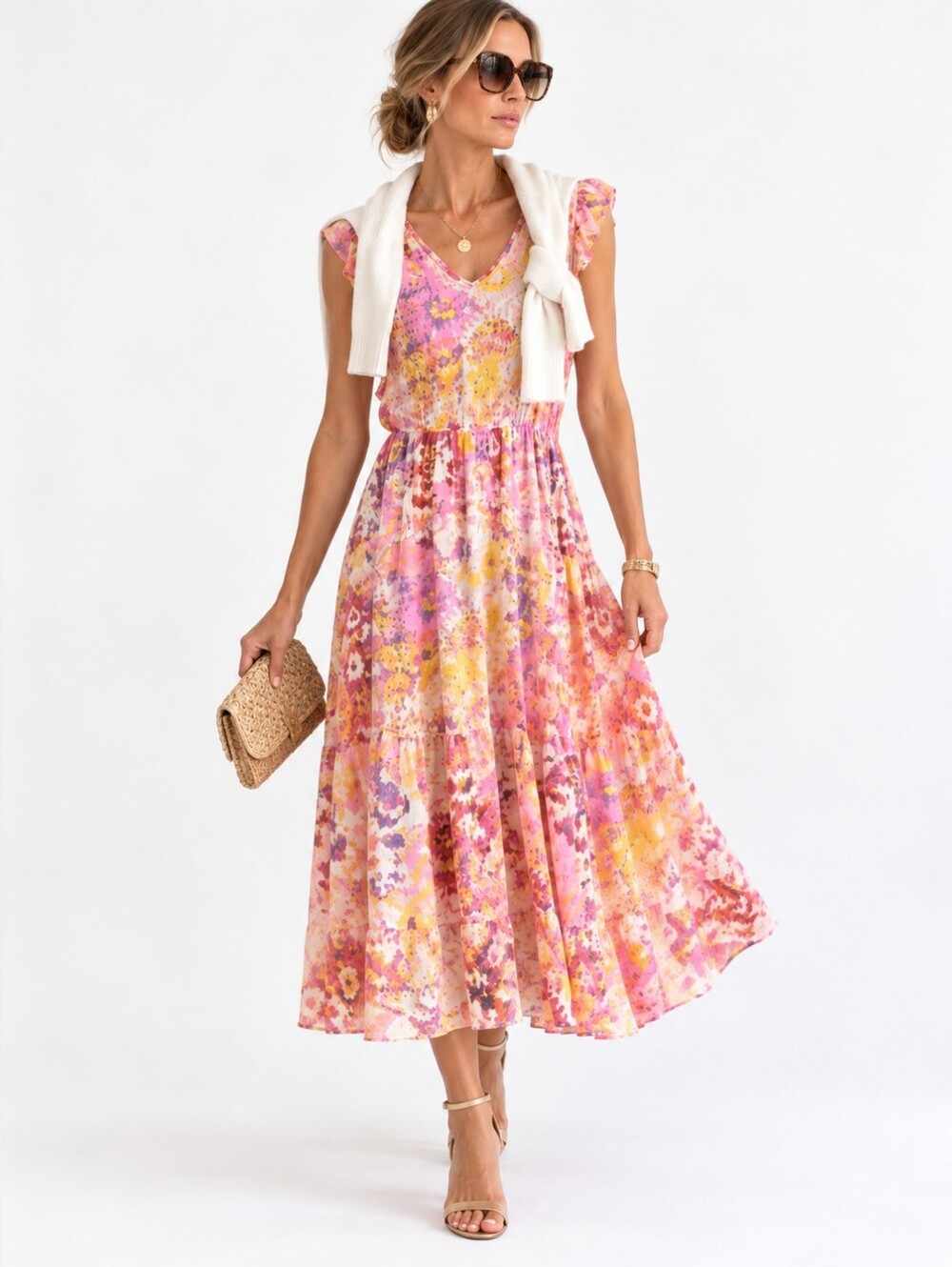Canyon Retreat Dress Bright Summer Midi Pink And Yellow Sleeveless